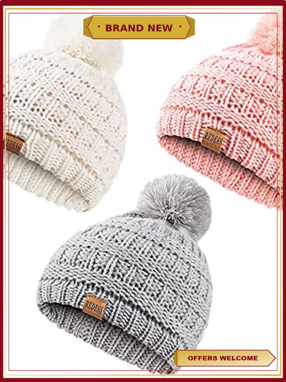 Winter Warm Knit Beanie Hats Pom Pom Infant Toddler Children 3 Pack